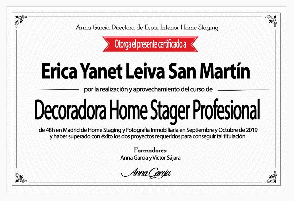 Certificado título DECORADORA Profesional 2019 Erica Yanet Leiva San Martín. CasaStaging