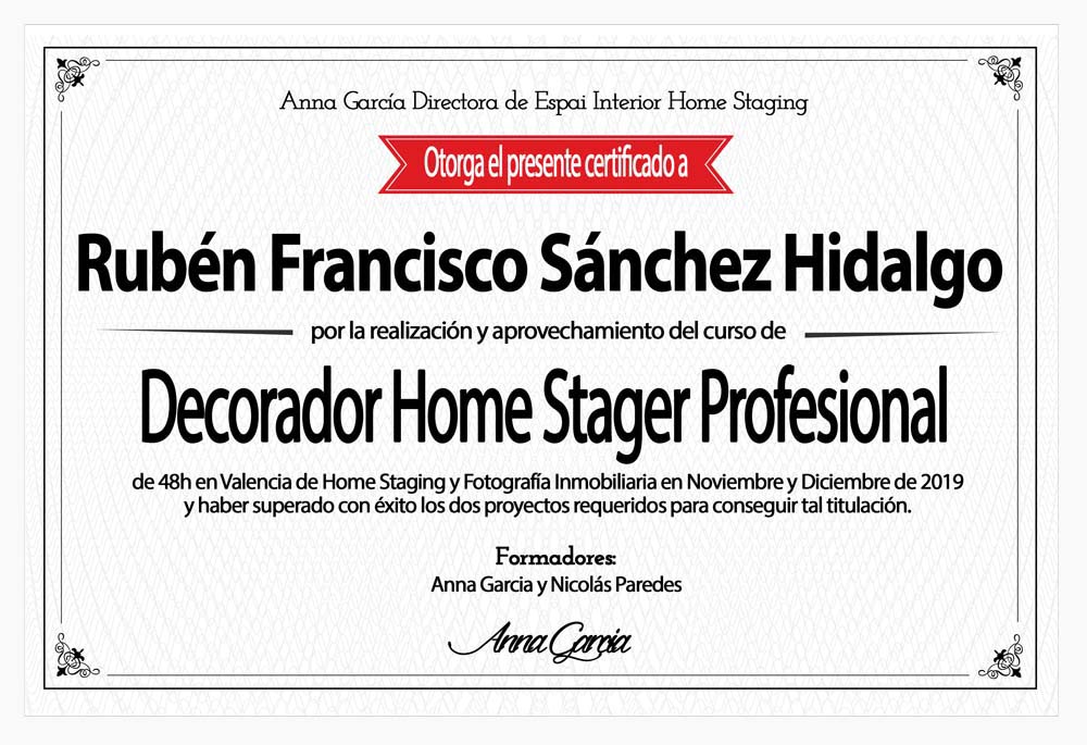 Certificado título DECORADOR Profesional 2019 Rubén Francisco Sánchez Hidalgo. CasaStaging