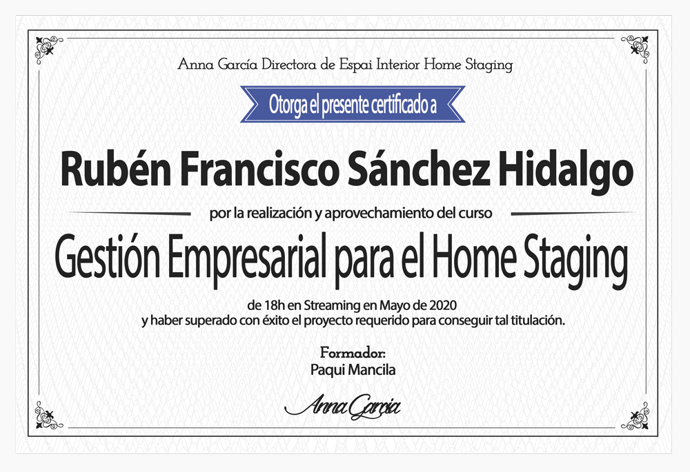 Certificado Diploma GESTIÓN EMPRESARIAL 2020 Rubén Francisco Sánchez Hidalgo. CasaStaging